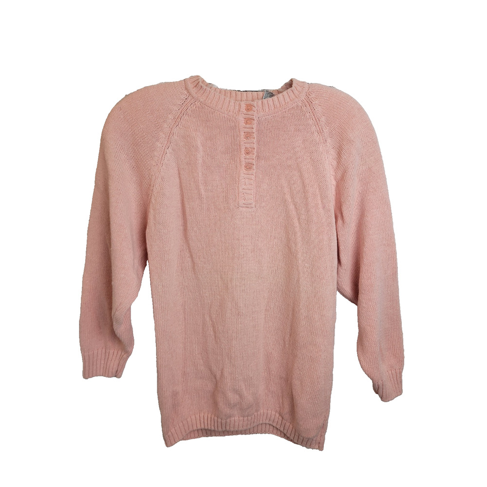 Vtg Illustrations Pullover‎ Sweater Pink Henley 3/4 Sleeve Women's Size Small
